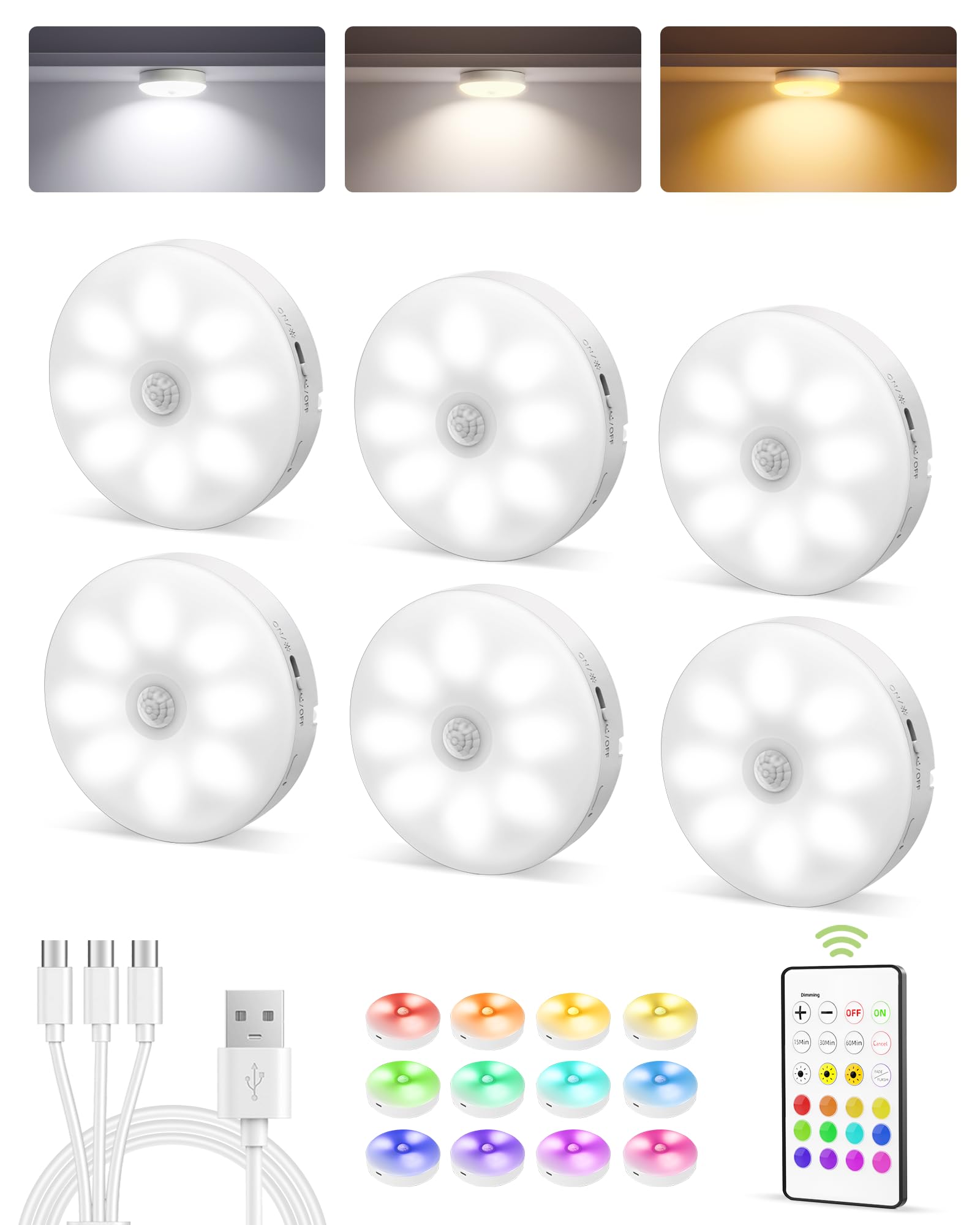 EZVALO RGB Under Cabinet LED Puck Lights with Remote, Motion Sensor Lights | 6-P