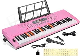 Hricane 61 Keys Piano Keyboard with Microphone Piano Note Sticker Power Supply Music Stand Electronic Digital Keyboard Gift for Beginners Boys Girls Lovers Girlfriend Friends (Glowing style-Pink)