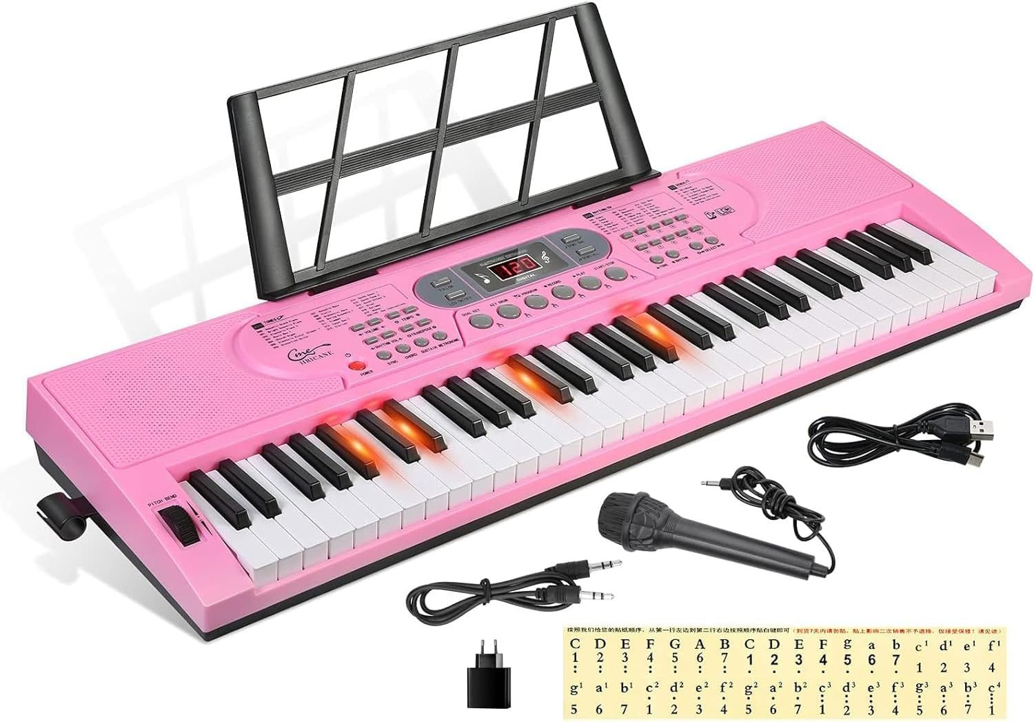 Hricane 61 Keys Piano Keyboard with Microphone Piano Note Sticker Power Supply M