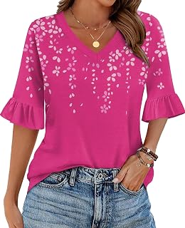 Zeagoo Women Casual V Neck Blouse Floral Solid Tunic Ruffle Tunic Tops 3/4 Sleeve T Shirts S-XXL