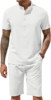 COOFANDY Men's 2 Pieces Set Short Sleeve Henley Shirts and Shorts Set Texture Summer Beach Vacation Outfits