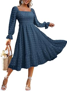 Amegoya Women's Boho Flowy Long Sleeve Square Neck Floral Midi Dress Smocked Spring Fall Wedding Guest Dresses