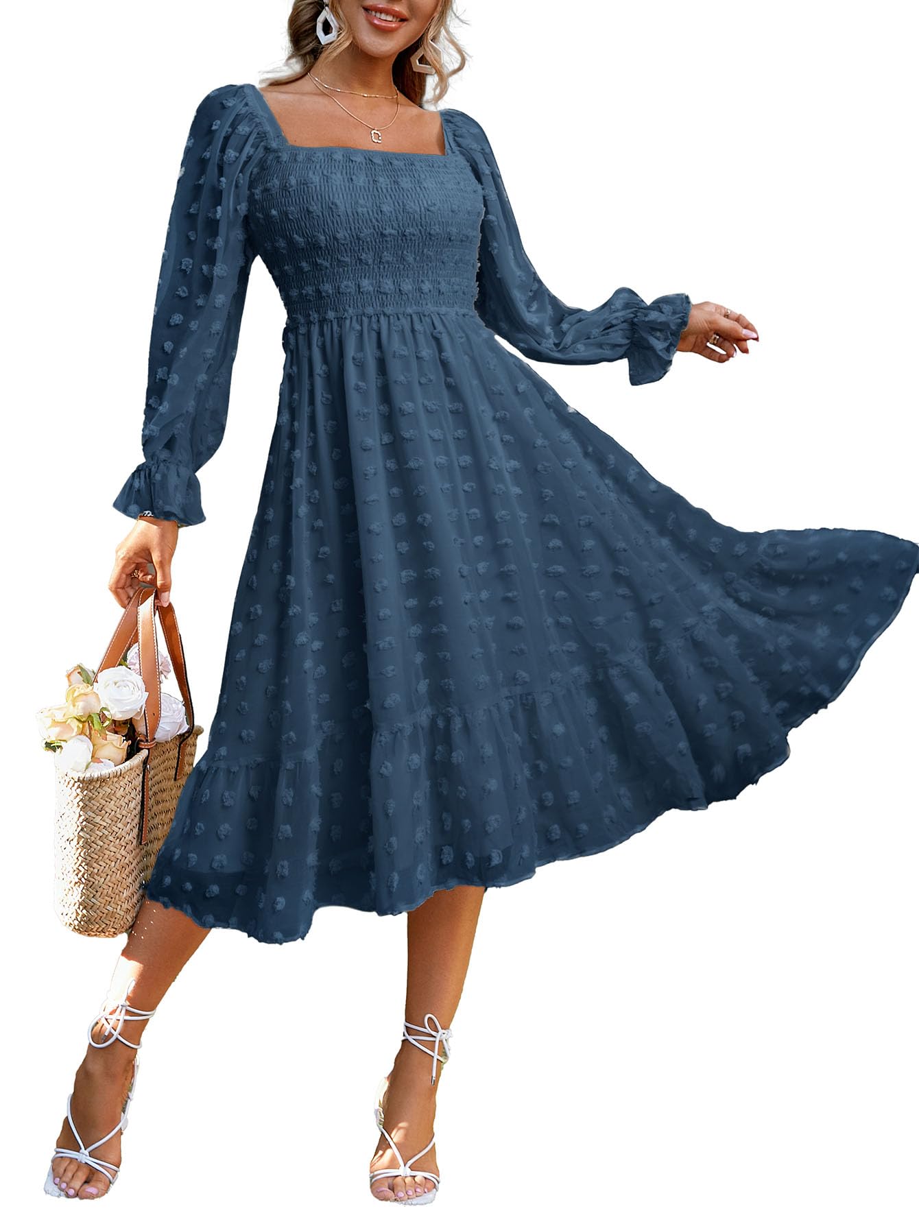 Amegoya Women's Boho Flowy Long Sleeve Square Neck Floral Midi Dress Smocked Spr