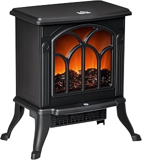 HOMCOM 17" Freestanding Electric Fireplace Stove Heater 750W/1500W Black | Realistic Logs, Flame Effect, Overheat Protection, Fire Place Heater