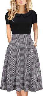 A Line Work Dresses for Women Elegant Vintage Dress Casual Floral Print Party Peter Pan Collar Dress with Pockets DJ978 Plaid Black M
