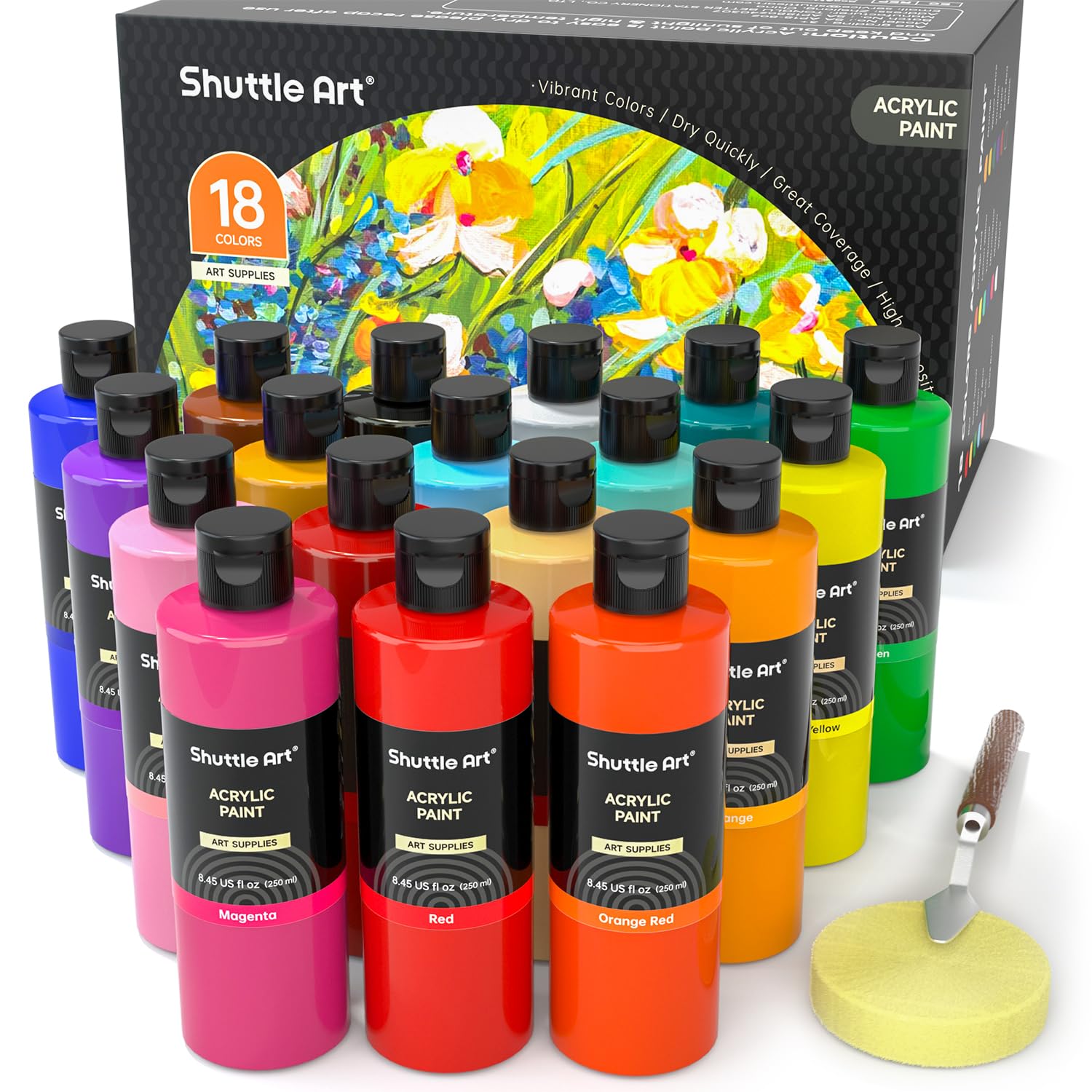 Shuttle Art 18 Colors Acrylic Paint Bottle Set (250ml/8.45oz), Rich Pigmented Bu