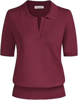 Kate Kasin Women Short Sleeve V-Neck Polo Shirt Casual Ribbed Pullover Loose Sweater