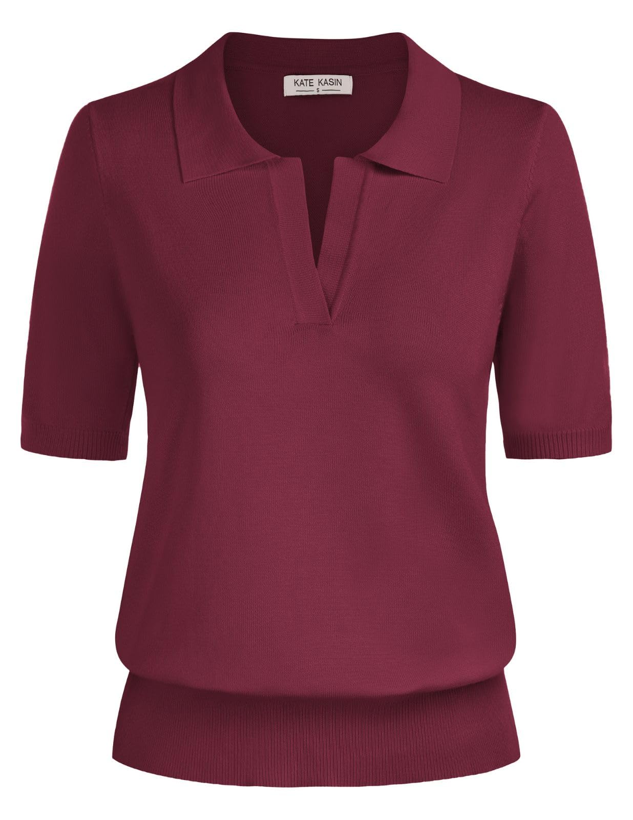 Kate Kasin Women Short Sleeve V-Neck Polo Shirt Casual Ribbed Pullover Loose Swe