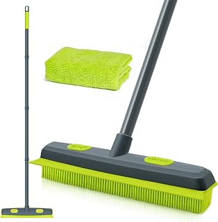 TidyBliss Balai Caoutchouc Brosse avec Raclette, Enlève les Coiffeur Poils Animaux de Compagnie, Silicone Broom Manche Long 140 cm pour Nettoyer Tapis Fenêtres Carrelage et Sols en Bois Dur (Vert)
