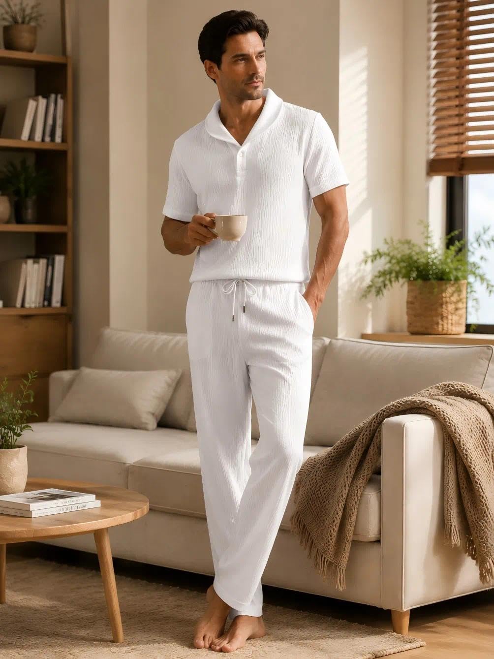 Men's 2 Piece Set with Short Sleeve Shirt and Pants Sporty Style