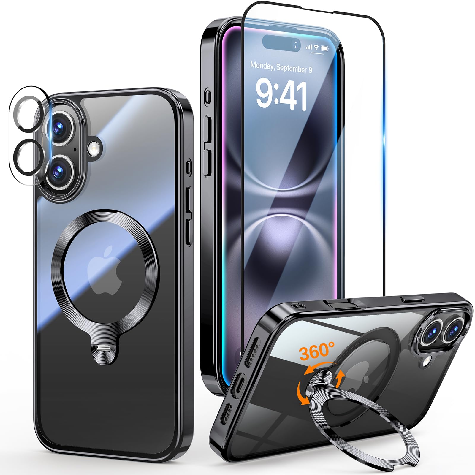 [Tri-Shield Protection] for iPhone 16 Case with 360° Spin Stand Compatible with 