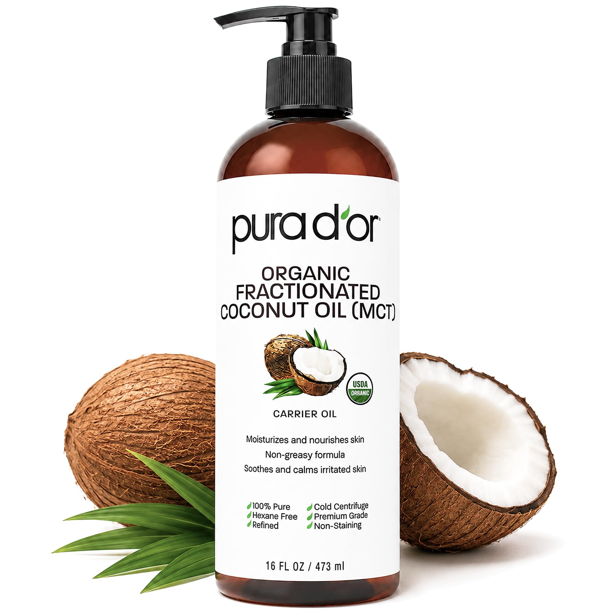 PURA D'OR USDA ORGANIC Fractionated Coconut Oil MCT Skin Hair Massage, 16oz | Pu