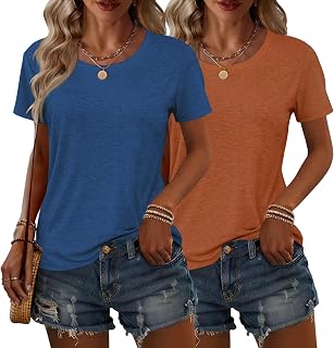 KILISU 2枚 レディース 半袖 Tシャツ クルーネック 無地 ソフト ベーシック Tシャツ カジュアル ルーズフィット 軽量 サマートップス 服 2026