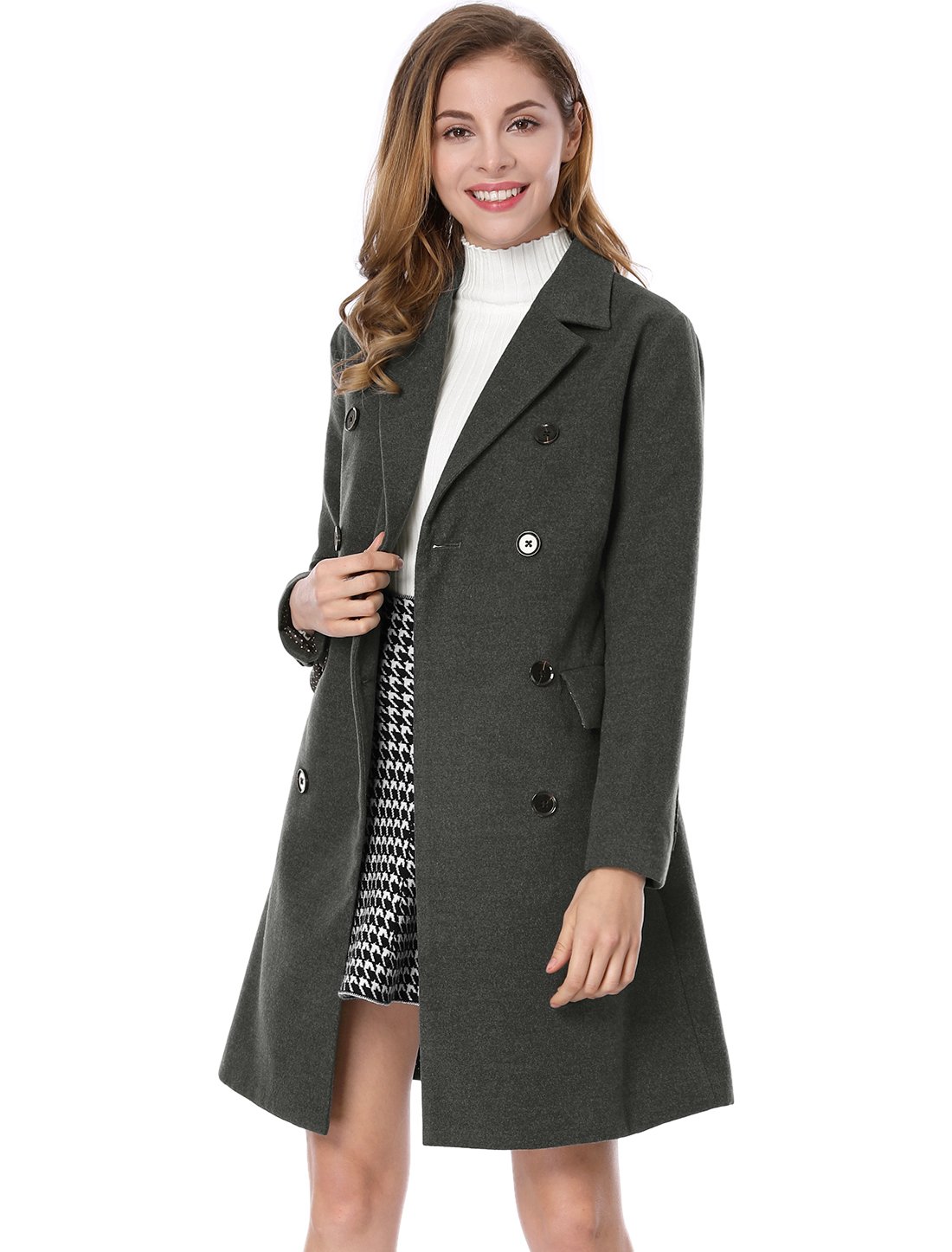 Allegra K Women's Long Sleeve Turn-Down Collar Double-Breasted Brushed Yarn Tren