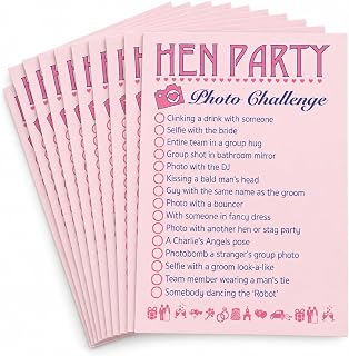 Lovely Little Things Hen Party Photo Challenge Game, Pink A6 Cards, 10 Pack | 10 pink A6 photo challenge cards on 250gsm card. 15 prompts for hen night selfies, group photos and memories with your bride