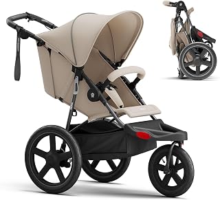 MAMAZING Jogging Stroller, All-Terrain Frame, 12"/16" Inflatable Tires with Angled Valve, Disc Hand Brake &amp; Foot Brake, Adjustable Handlebar, Foldable Jogger Stroller for Babies &amp; Toddlers, Khaki