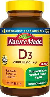 Nature Made Vitamin D3 2000 IU (50 mcg), 220 Vitamin D Tablets | Vitamin D Supplement for Immune, Bone, Teeth and Muscle Health Support, 220 Day Supply