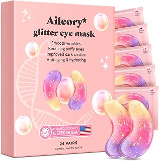 AILEORY Under Eye Patches (24 Pairs) - Tri-color Glitter Eye Gel Pads for Dark Circles, Puffy Eyes, Under eye Bags, Wrinkles | Natural Collagen Under Eye Mask Patches, Gel Under Eye Patches