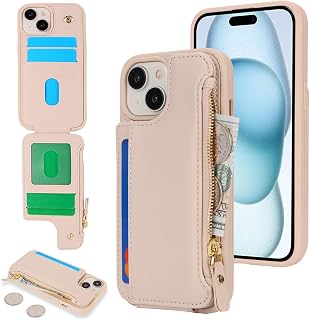 Cavor iPhone 15 Case with Card Holder, iPhone 15 Wallet Case for Women, iPhone 15 Case with Wallet, Leather Zipper Shockproof Pocket, Cream