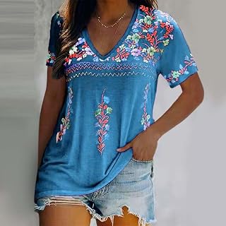 Women Boho Embroidered V Neck Blouse Casual Short Sleeve Loose Fit Summer Vacation Tops