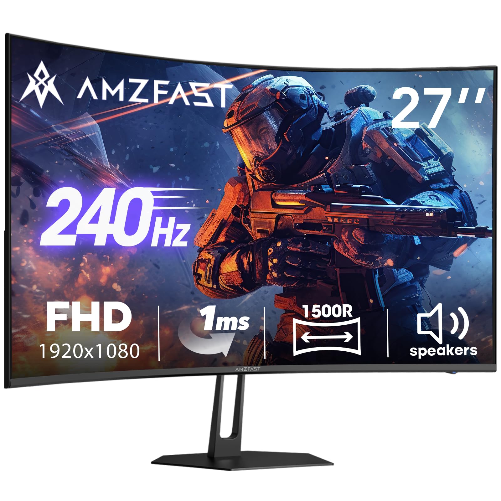 Amzfast 27 inch 240Hz Curved Monitor, FHD 1080p Gaming Monitor, Built-in Speaker