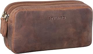 STILORD "Eddie" Pencil Pouch Case Leather Pen Cases with 2 Zipped Compartments Vintage Pencil Bag Cosmetic Bag Organizer Genuine Leather Colour:Middle Brown