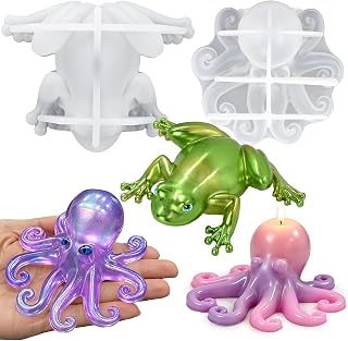 ZQYSING Resin Animal Molds, Set of 2 Octopus and Frog Resin Crafting Molds | 3D Animal Silicone Molds for Epoxy Resin Casting, Making Octopus Candle, Frog Soap DIY Art Gift, Home Decoration