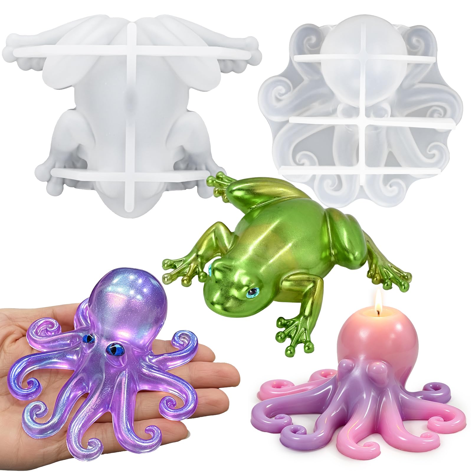 ZQYSING Resin Animal Molds, Set of 2 Octopus and Frog Resin Crafting Molds | 3D 