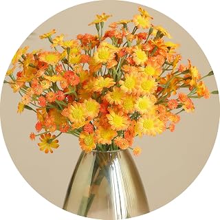 6 Stems Artificial Flowers Bouquets 11 Inch Small Daisy Flowers Decorative Flowers for Outdoor Home Wedding Party Decoration (Orange)