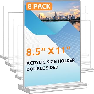 Acrylic Sign Holder 8.5 x 11, 8 Pack Clear Menu Stand, Double-Sided Clear Sign Holder, Vertical Plastic Stands for Display, Stand up Table Top Frame Paper Holder for Office Business Store Restaurants