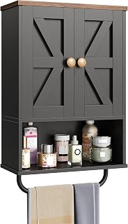 CHOEZON Bathroom Wall Cabinet, Medicine Cabinet with Open Partition and Towel Bar, Rustic Storage Cabinet with Open and Hidden Storage Space, for Bathroom, Living Room, Kitchen, Black and Walnut