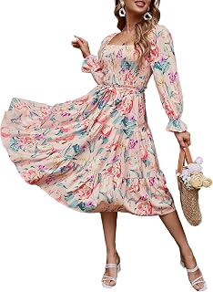 Amegoya Women's Boho Flowy Long Sleeve Square Neck Floral Midi Dress Smocked Spring Fall Wedding Guest Dresses