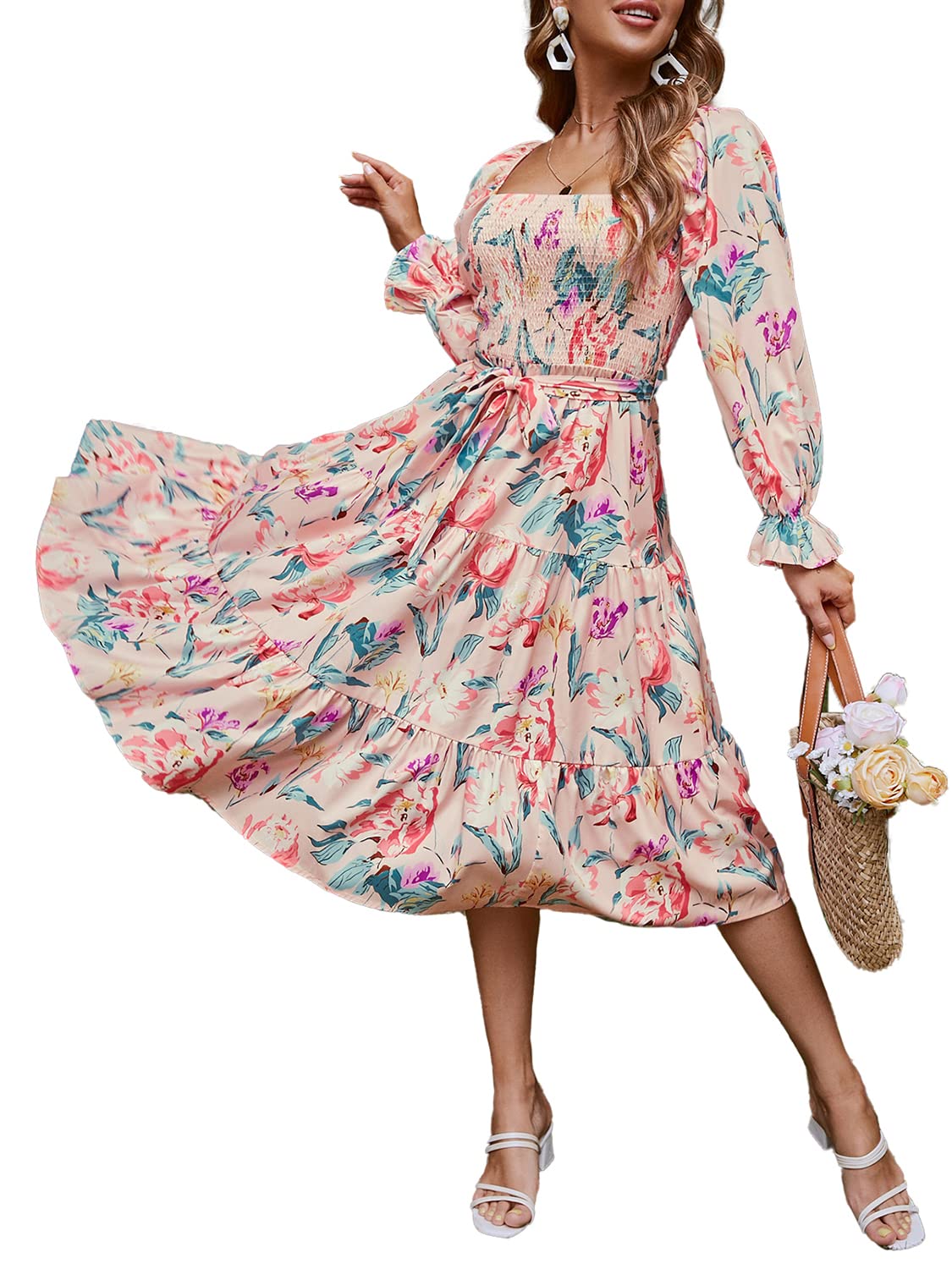 Amegoya Women's Boho Flowy Long Sleeve Square Neck Floral Midi Dress Smocked Spr