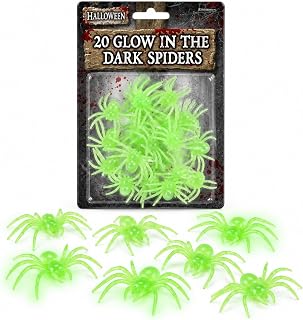 HENBRANDT 20 Glow in the Dark Spiders, Fake Halloween Spider Decorations | 5cm Wide, Party Favours, Loot Bag Fillers, Trick Or Treat Pranks, Creepy Insects, Novelty Gag Gifts And Party Table Props
