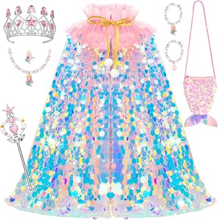 Meland Mermaid Cape for Princess Dress Up, Toy Gift for Girls Ages 3-8 | Sparkly & densely sequin cape with bag, premium dress up clothes for pretend play, Christmas birthday gift, Halloween costume