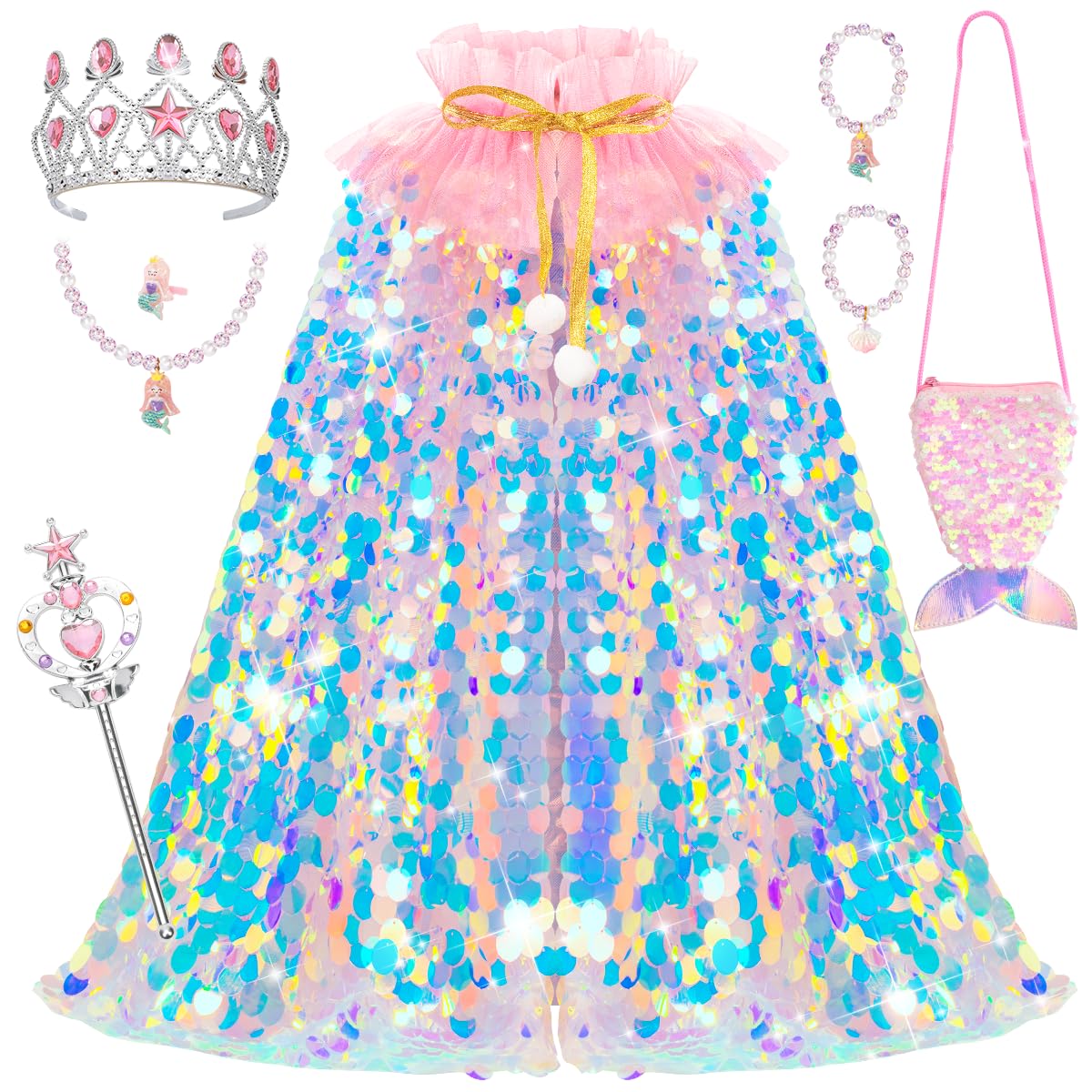 Meland Mermaid Cape for Princess Dress Up, Toy Gift for Girls Ages 3-8 | Sparkly