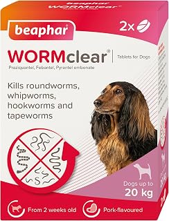 Beaphar - WORMclear® Tablets for Dogs up to 20kg - 2 Tablets - Kills All Common UK Intestinal Worms (Roundworms & Tapeworms) - Vet Strength Wormer - Pork-Flavoured - For dogs over 2 weeks old & 3kg