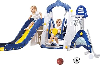 EAQ 6-in-1 Slide and Swing Set with Basketball Hoop,Football Gate and Golf Set for Indoor & Backyard, Great Gift for Toddlers
