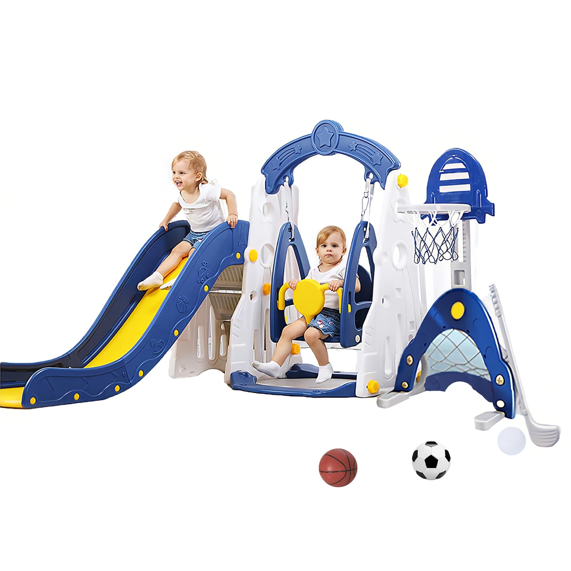 EAQ 6-in-1 Slide and Swing Set with Basketball Hoop,Football Gate and Golf Set f