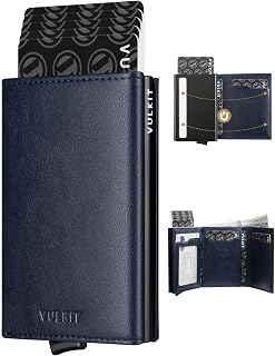 VULKIT Credit Card Holder for Men, Pop Up Card Holder, RFID Blocking Leather Card Holder with Bill Compartment and ID Window