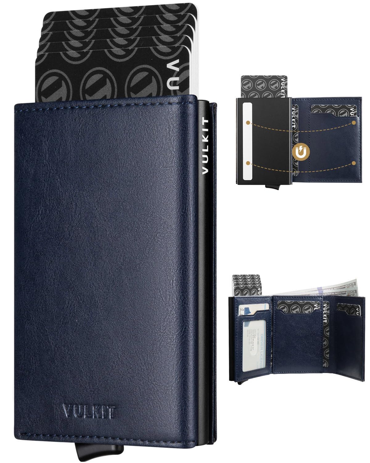 VULKIT Credit Card Holder for Men, Pop Up Card Holder, RFID Blocking Leather Car