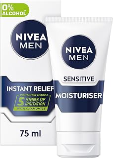 NIVEA MEN Sensitive Moisturiser Tube (75ml), Hydrating Mens Moisturiser Face Cream with 0% Alcohol, Made for Sensitive Skin, Mens Skincare Essentials