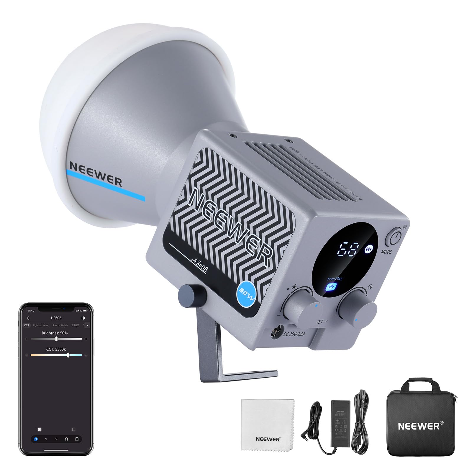 NEEWER HS60B Portable Video Light, Mini COB LED Studio Light with App Control 60