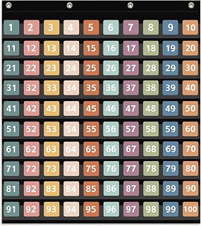 ANCOMEDO Hundred Pocket Chart with 100 Pockets and 150 Pieces Boho Double-Sided Number Cards,Number 1-100 Pocket Chart for Students Classroom Home Counting and Organizer (Black-100 Pockets)