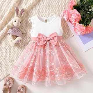 Baby Girls Floral Tulle Dress Round Neck Bowknot One Piece Headband