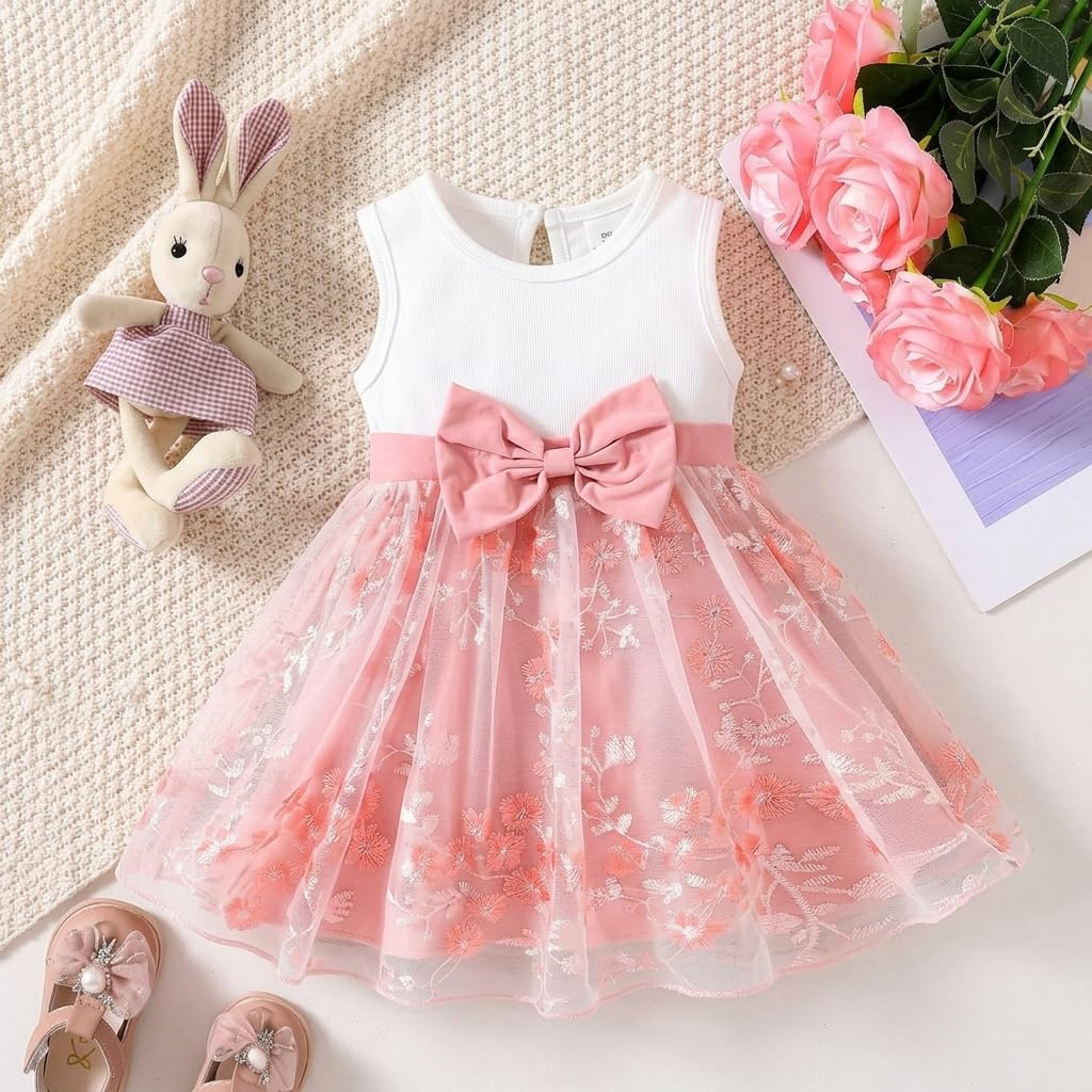 Baby Girls Floral Tulle Dress Round Neck Bowknot One Piece Headband