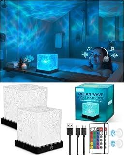 2-Pack Rechargeable Shower Light, Bathroom Ocean Wave Projector Mood Lamp | 16 Colors, No Wiring, Waterproof, Remote & Touch Control, Water Ripple Lamp Cordless for Bathroom, Bathtub, Bedroom, Relaxing