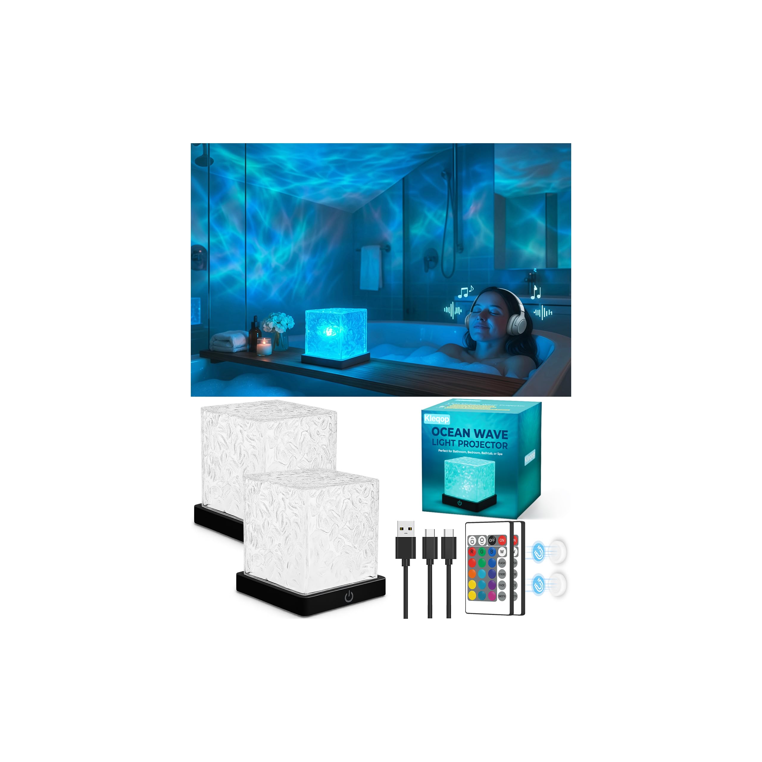 2-Pack Rechargeable Shower Light, Bathroom Ocean Wave Projector Mood Lamp | 16 C