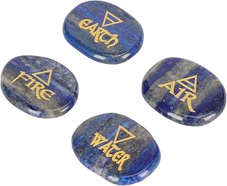 Rune Stones Set Engraved Air Fire Water Earth Symbols Reiki Healing Meditation Chakra Balancing Stones with Gift Pouch for Office Living Room Decor (Lapis Lazuli)