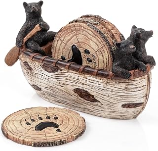 Bear Coasters Set of 6 - Handcrafted Black Bear Decor & Cabin Decor Gifts | Handcrafted Full-Size 3.5-Inch Coasters for Drinks, Protects Furniture, Hand-Painted Resin, Rustic Home Decor, Cabin Gifts